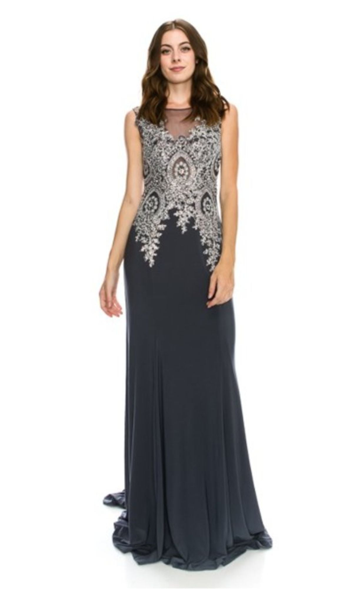 A woman wears the Chicas C4233 Gold-Embroidered Long Prom Dress, a sleeveless, floor-length formal gown, and stands against a plain white background.